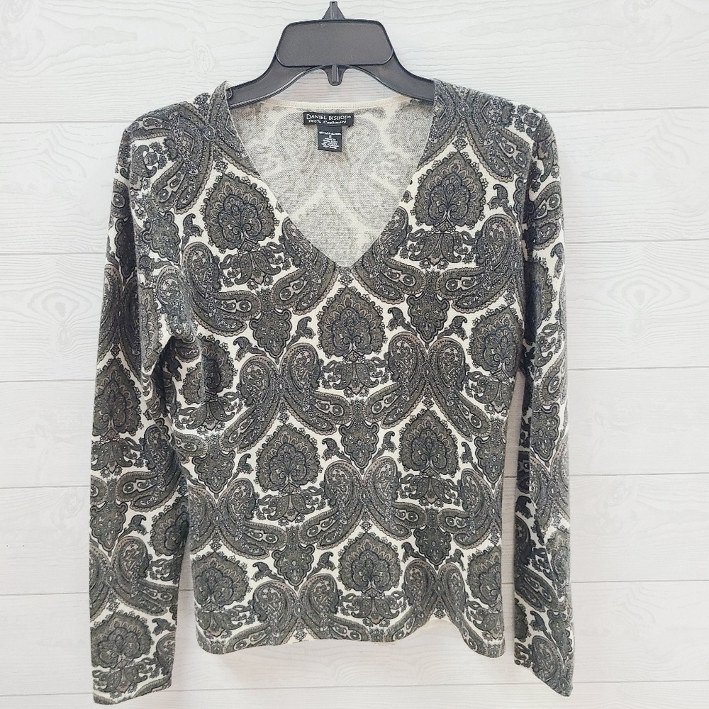 Daniel Bishop 100% Cashmere V-Neck Sweater Small Paisley Print Olive Green Grey